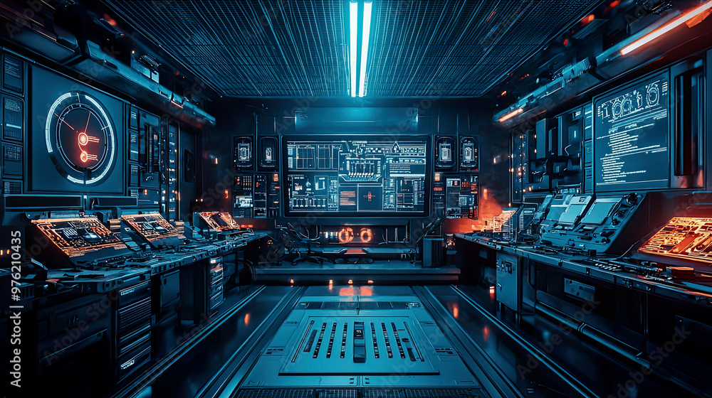Cinematic view of futuristic robotics lab, glowing control panels, high-tech environment Cinematic view of futuristic robotics lab, glowing control panels, high-tech environment