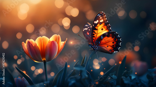 A vibrant butterfly hovering near a tulip, surrounded by a magical glow of bokeh lights, capturing the beauty of nature. photo