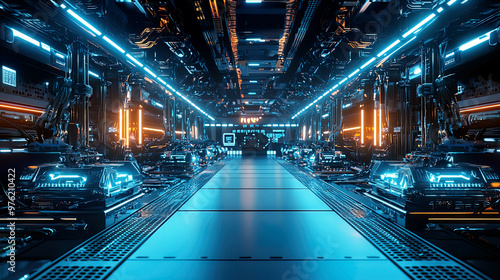 Cinematic view of futuristic robotics lab, glowing blue lights, intricate metal details, sharp reflections