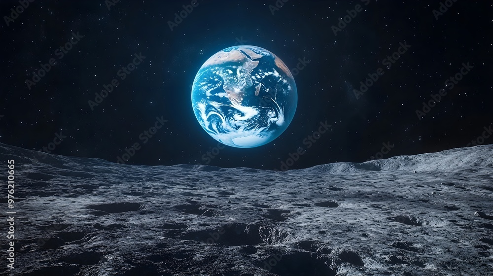 View of the blue Earth as seen from the surface of the moon.