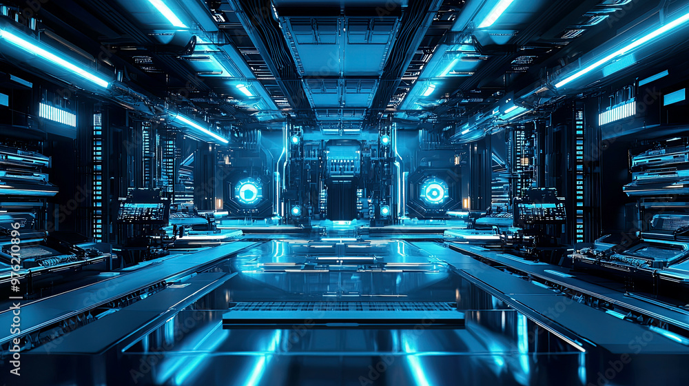 Cinematic view of robotic machinery in a futuristic lab, glowing blue lights, ultra-realistic metallic surfaces Cinematic view of robotic machinery in a futuristic lab, glowing blue lights, ultra-realistic metallic surfaces