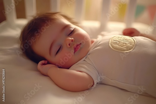 a baby sleeping in a crib with a white blanket photo