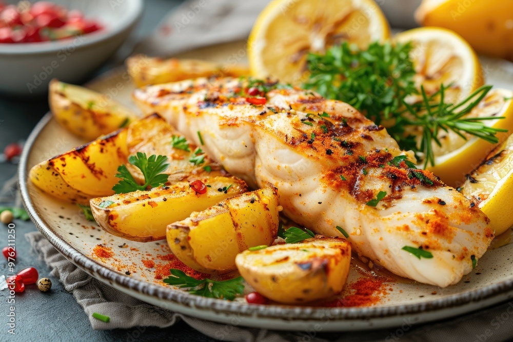Grilled fish and potato wedges on a plate. This image can be used for a variety of purposes, including culinary blogs, recipe websites, and food magazines. Grilled fish and potato wedges on a plate. This image can be used for a variety of purposes, including culinary blogs, recipe websites, and food magazines.