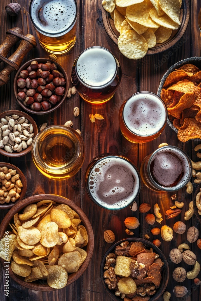 A rustic wooden table set with bowls of food and glasses of beer, perfect for casual gatherings or outdoor events A rustic wooden table set with bowls of food and glasses of beer, perfect for casual gatherings or outdoor events