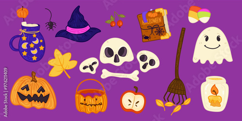 Vector set of Halloween elements: pumpkins, ghosts, skulls, candle. Perfect for scrapbooking, greeting card, party invitation, poster, tag, stickers. Hand-drawn style. Fall theme