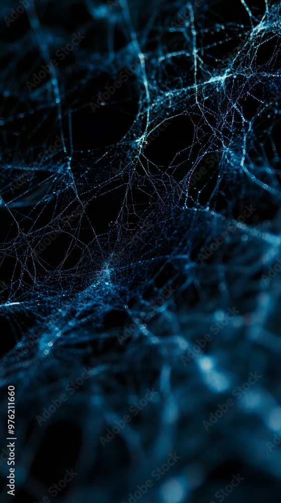 Blue Spider Web on Black Background, Abstract Image, Texture, Pattern Background, Wallpaper, Cover and Screen for Smartphone, PC, Laptop, 9:16 and 16:9 Format
