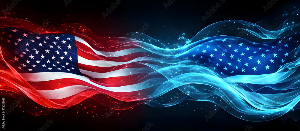 Dynamic digital art showcasing flowing American flags in red and blue against a dark background, symbolizing unity and patriotism. Dynamic digital art showcasing flowing American flags in red and blue against a dark background, symbolizing unity and patriotism.