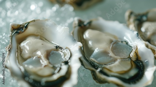 Fresh open oysters on ice. Close-up.