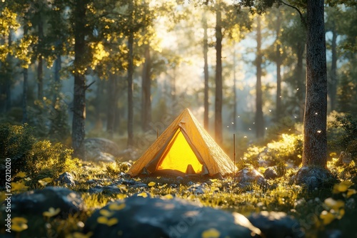 a tent in the woods with yellow flowers photo