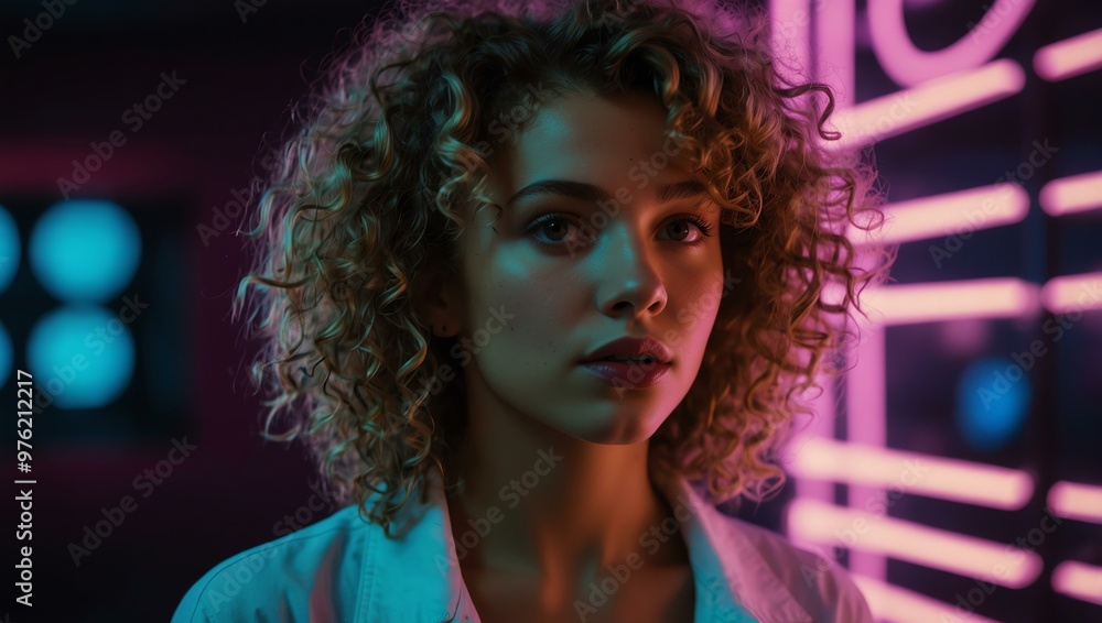 Striking portrait of a curly-haired woman in neon lights. Striking portrait of a curly-haired woman in neon lights.