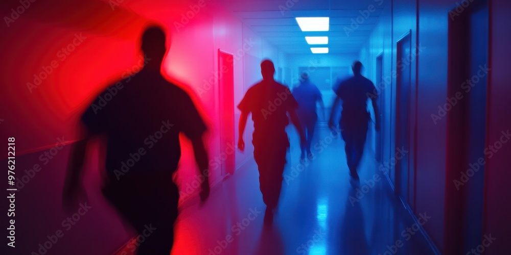 Fototapeta premium Several police officers moving quickly down a dimly lit hallway with red and blue lights, indicating an emergency situation, urgency, or action scene.