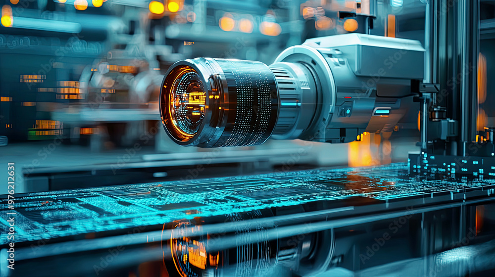 Close-up of a robotic vision sensor camera system scanning components in a high-tech intelligent factory, glowing digital interfaces, Industry 4.0, ultra-detailed, futuristic Close-up of a robotic vision sensor camera system scanning components in a high-tech intelligent factory, glowing digital interfaces, Industry 4.0, ultra-detailed, futuristic