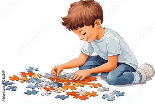 a boy is playing with puzzle pieces