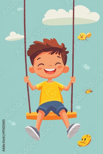 a boy is swinging on a swing with coins falling from the sky photo