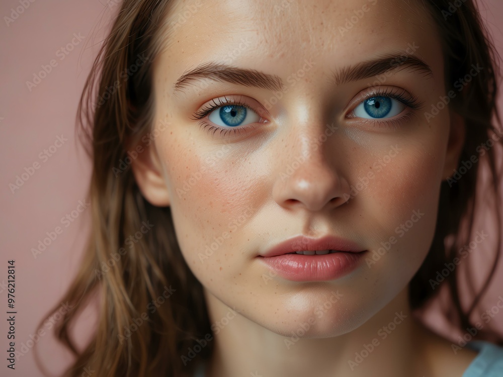 Studio portrait of a woman with bright blue eyes, soft pink background. Studio portrait of a woman with bright blue eyes, soft pink background.