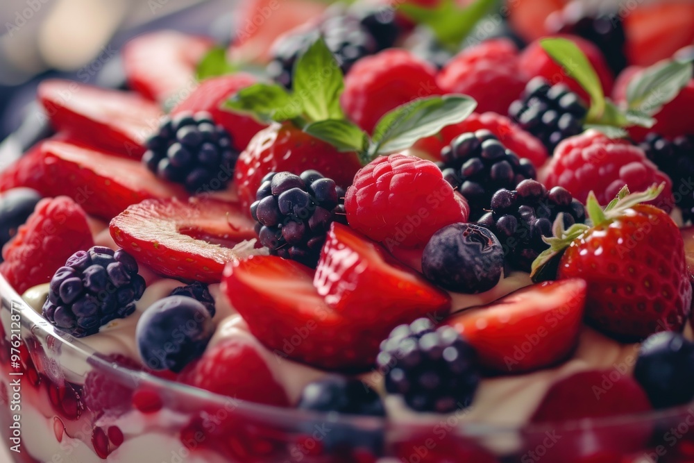 A fruit cake with strawberries, blueberries, and raspberries, generative ai image A fruit cake with strawberries, blueberries, and raspberries, generative ai image