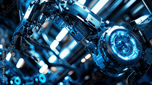 Close-up of advanced robotic arms assembling metallic components, glowing blue lights, ultra-detailed, sharp focus