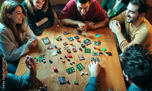 A group of friends playing board games around a table, with a variety of games, capturing the fun and social side of the hobby