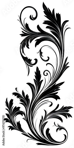 Black floral swirl design element flourishing on white