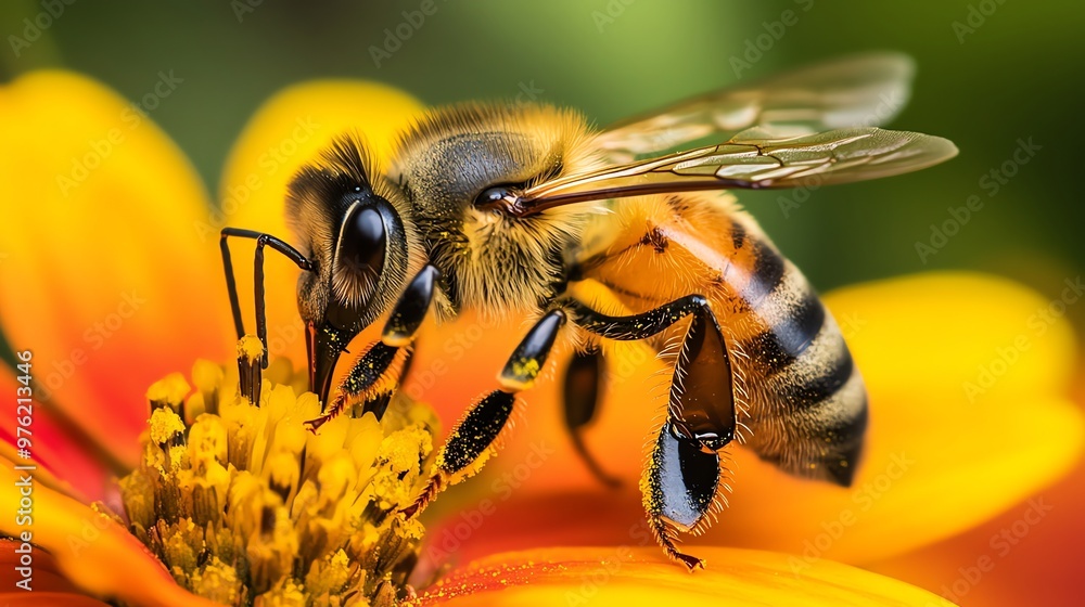 Close-up of a honeybee pollinating a flower. Close-up of a honeybee pollinating a flower.
