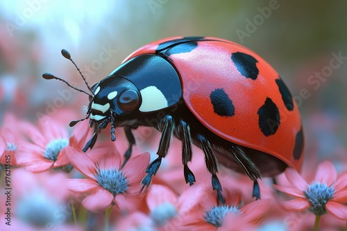 a ladybug is sitting on some pink flowers photo