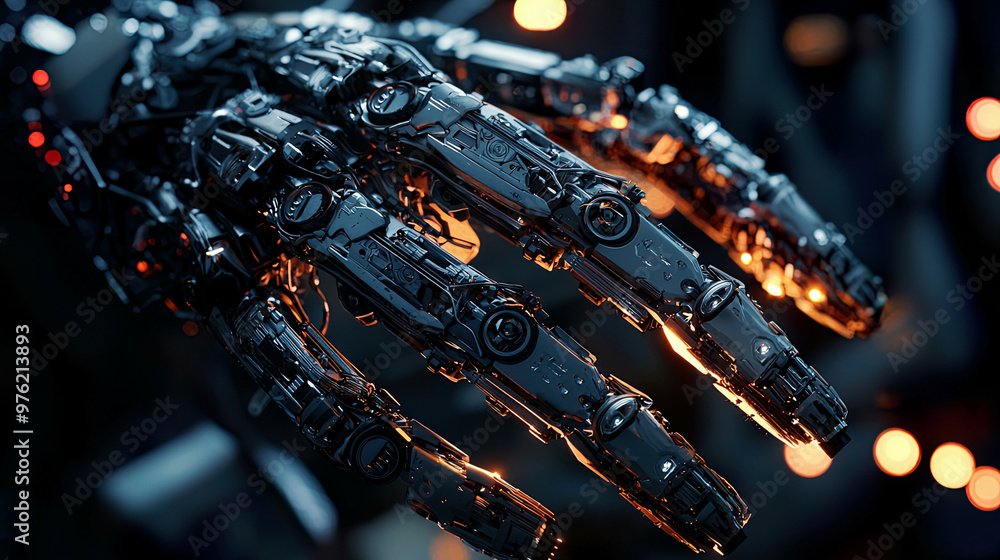 Close-up of robotic claws holding delicate components, glowing industrial lights, intricate metal textures Close-up of robotic claws holding delicate components, glowing industrial lights, intricate metal textures