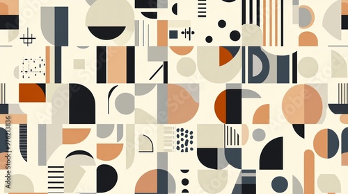 Wallpaper Mural Abstract geometric pattern with circles, squares, and lines in shades of orange, gray, and black. Torontodigital.ca