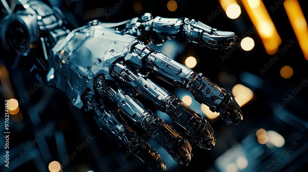 Close-up of robotic hands gripping metallic components, high-tech industrial lighting Close-up of robotic hands gripping metallic components, high-tech industrial lighting