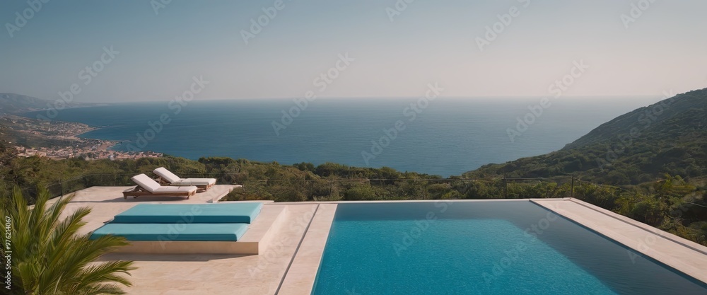 Fototapeta premium A beautiful white house with a refreshing pool in front