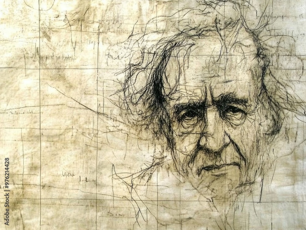 custom made wallpaper toronto digitalIntricate sketch of elderly man on gridded paper background