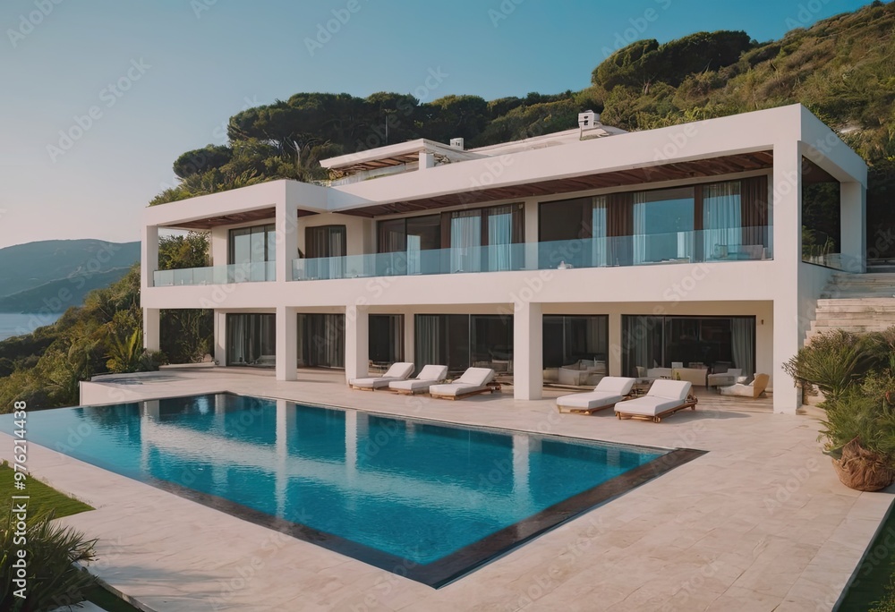 Fototapeta premium A beautiful white house with a refreshing pool in front