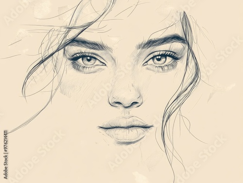 Intricate minimalist sketch of a woman's face with expressive eyes