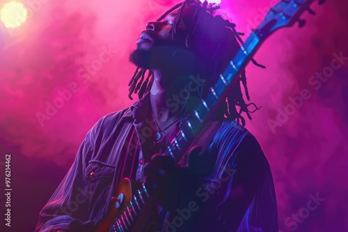 A person playing guitar while having dreadlocks, suitable for music-related uses photo