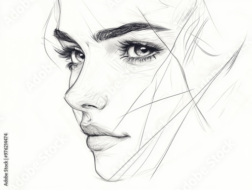 Intricate black and white sketch of woman's face with intense expression