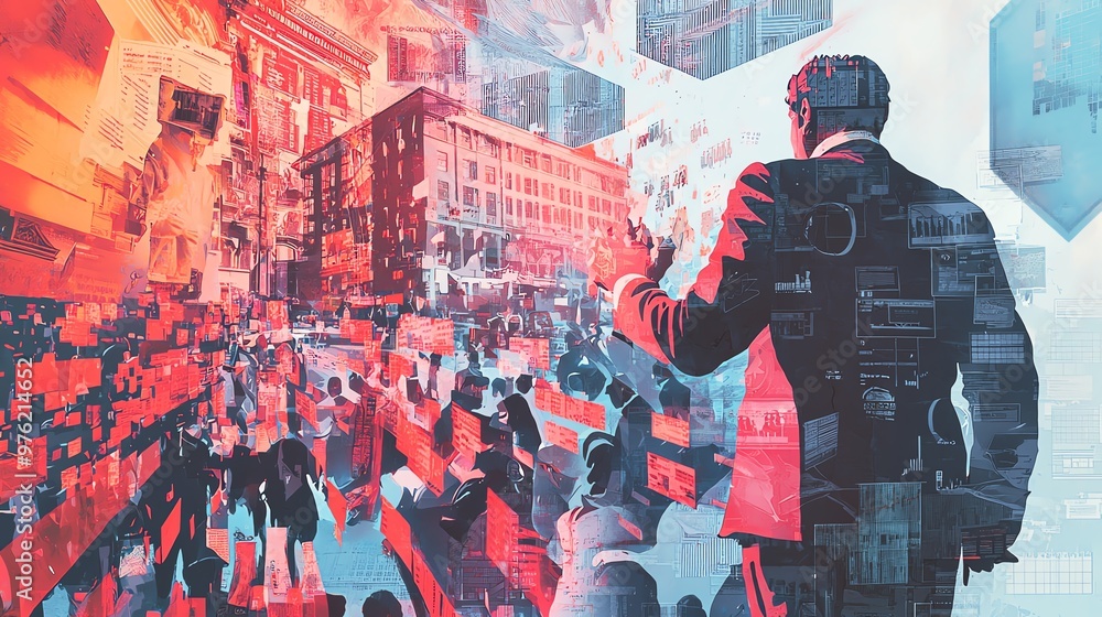 A businessman analyzing city life through a digital lens, depicting innovation, technology, and urban dynamics. A businessman analyzing city life through a digital lens, depicting innovation, technology, and urban dynamics.