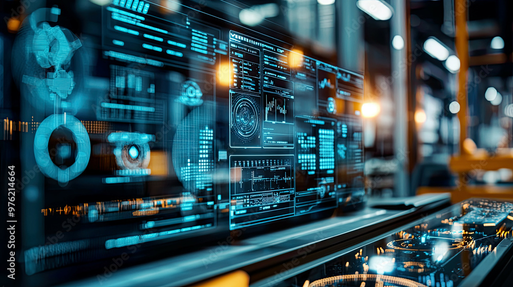 Close-up of virtual reality interfaces controlling automated logistics in a warehouse, glowing VR displays, smart industrial technology, ultra-detailed Close-up of virtual reality interfaces controlling automated logistics in a warehouse, glowing VR displays, smart industrial technology, ultra-detailed