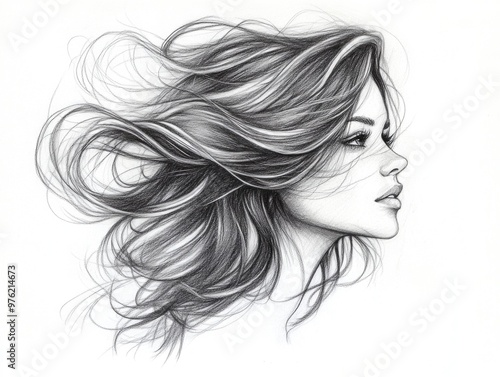 Elegant pencil sketch of woman with flowing hair