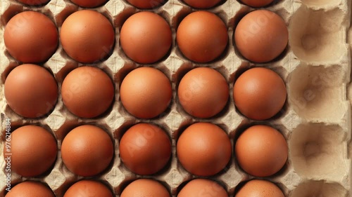 Fresh chicken eggs are placed in cardboard cells. Stop motion. GMO FREE product. Perfectly laid golden brown eggs. Organic farm food. Zoom out and zoom in. Close-up