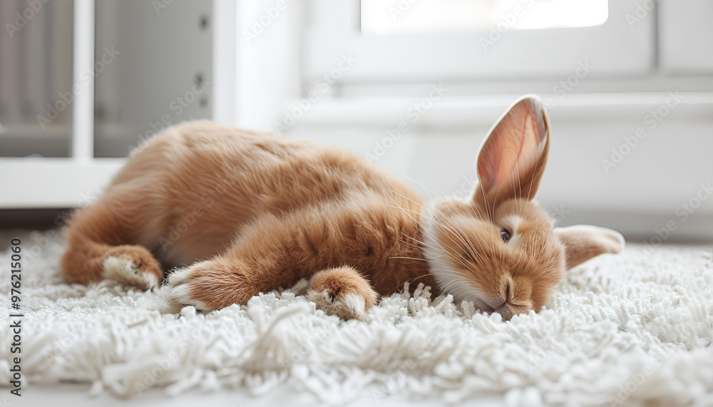 red cute rabbit on the white carpet in living room red cute rabbit on the white carpet in living room