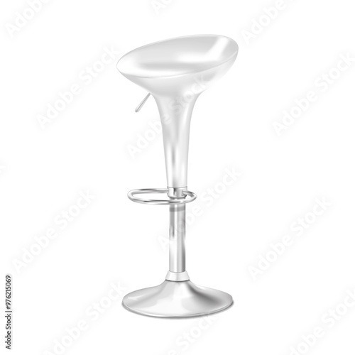 White swivel bar stool with foot rest. 3d mockup. High bar chair with adjustable height round chrome metal base. Realistic vector mock-up