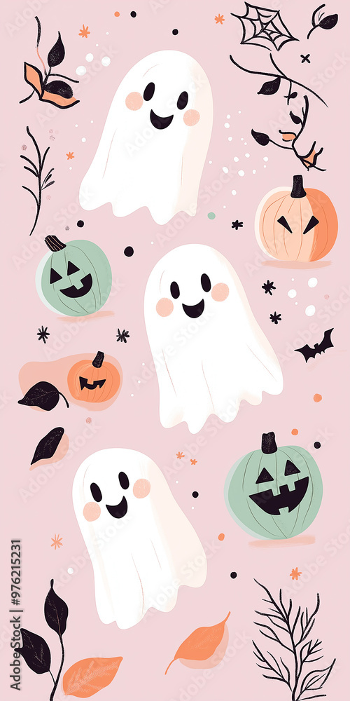 Naklejka premium Cute Halloween vertical illustration with cute ghost and jack o lantern pumpkin