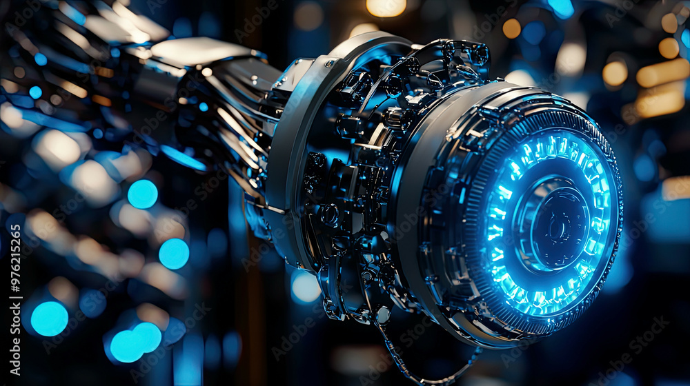 Detailed shot of robotic joints in motion, intricate gears, glowing blue lights Detailed shot of robotic joints in motion, intricate gears, glowing blue lights