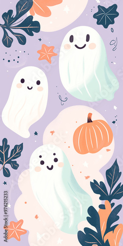 Cute happy ghost with pumpkin illustration for vertical halloween theme photo