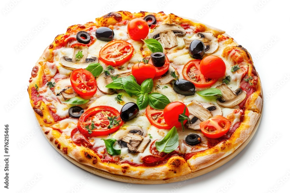 A pizza with fresh tomatoes, mushrooms, olives, and basil A pizza with fresh tomatoes, mushrooms, olives, and basil