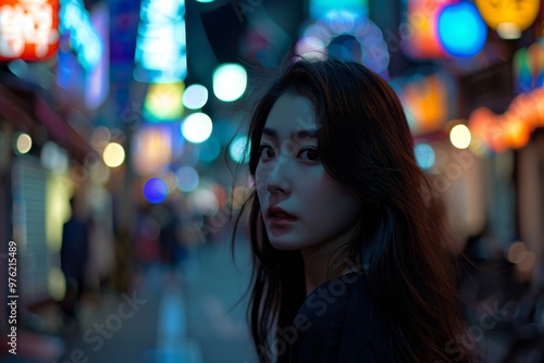 Fashionably poised korean girl serene and delightful smile. Picture of radiant woman capturing candid playful moments. Snapshot of confidence blended cheerful allure.