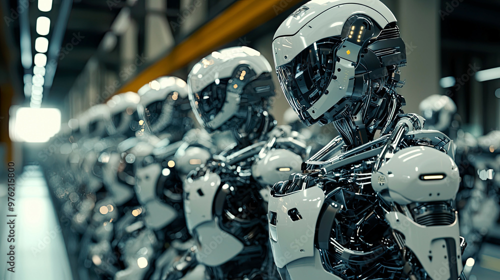Hyper-realistic shot of robots in motion on an assembly line, sharp focus on chrome details Hyper-realistic shot of robots in motion on an assembly line, sharp focus on chrome details