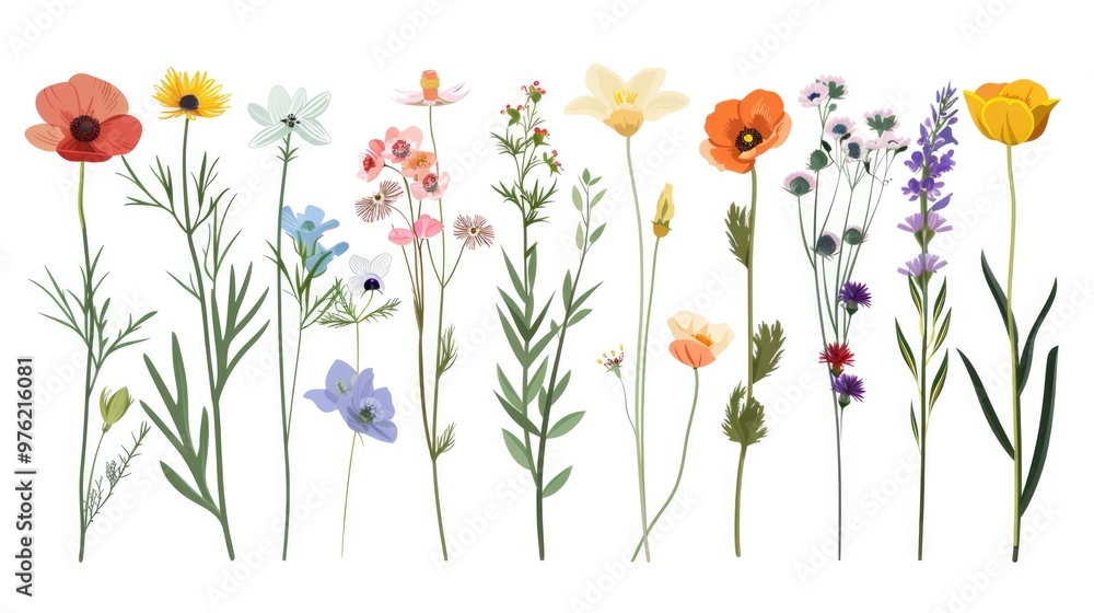 Fototapeta premium Vibrant flowers of various colors on a clean white surface