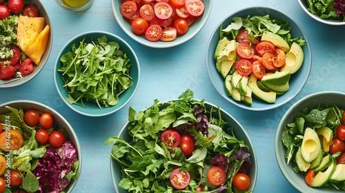 Different types of green salad with cherry tomatoes and avocado slices in bowls on a blue wooden table.