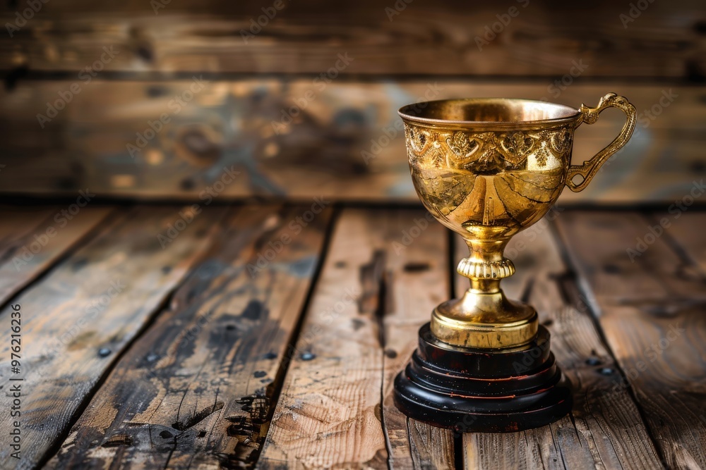 A gold cup sits on a wooden table, generative ai image A gold cup sits on a wooden table, generative ai image