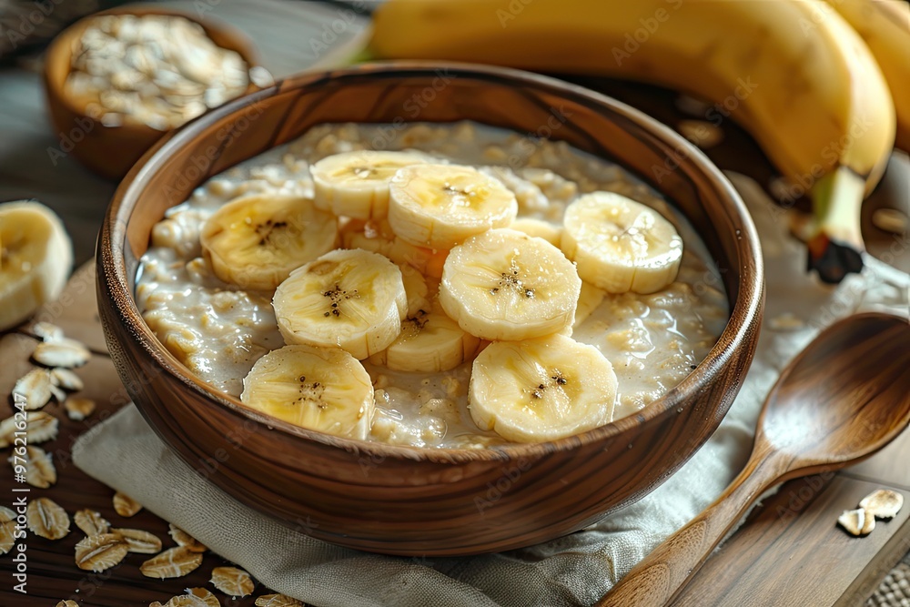 A bowl of oatmeal with banana slices. This photo showcases a healthy and delicious breakfast option. A bowl of oatmeal with banana slices. This photo showcases a healthy and delicious breakfast option.